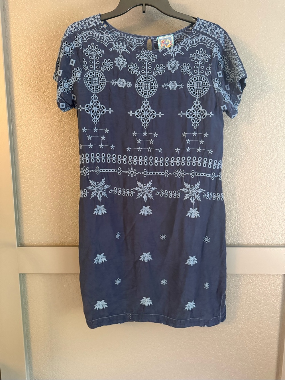 JOHNNY WAS • Navy embroidered eyelet short sleeve dress - Small